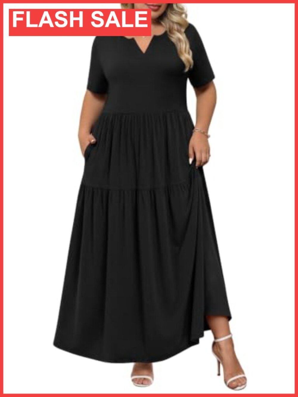 Plus Size Maxi Dress with Pockets V-Neck Ruffle Hem A-Line